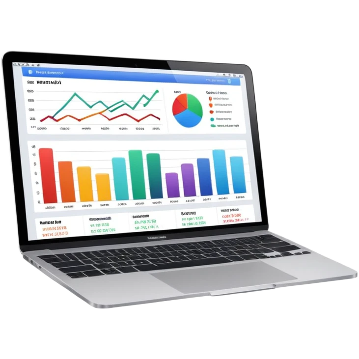 Create a macbook displaying financial analytics dashboards on the screen. emoji