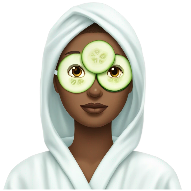 Girl with freackles Brown hair white skin and blue eyes wears Green colored texture skin care mask all over her face while She relaxes she puts on two mini round piece of cucumber on her closed eyes In a white Robe emoji