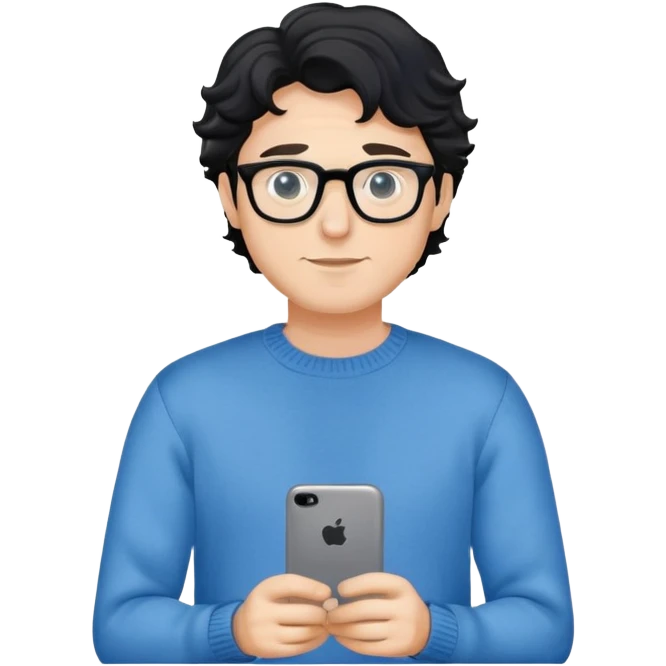 Caucasian man with black wavy hair wearing glasses and a long sleeve blue sweater emoji