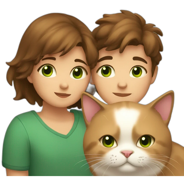 Girl with brown eyes and brown short hair kisses boy with long brown hair and green eyes and hugs brown fat cats emoji