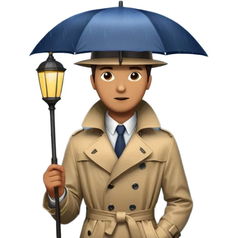 Man with umbrella + streetlight reflection, Midnight Wanderers. emoji
