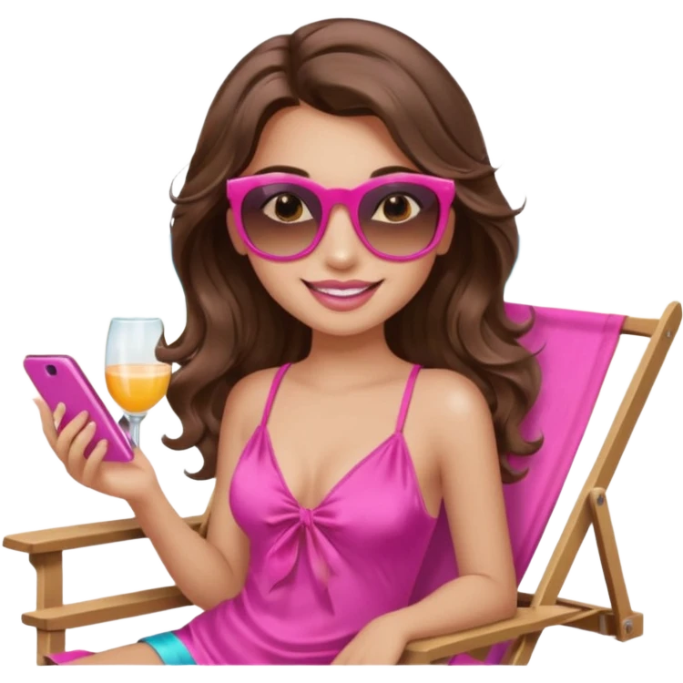 girl with long wavy brown hair, brown eyes, long lashes makeup, sexy pink lips, smiling, light to medium complexion, wearing a pink sexy silk top, relaxing in a beach chair  emoji
