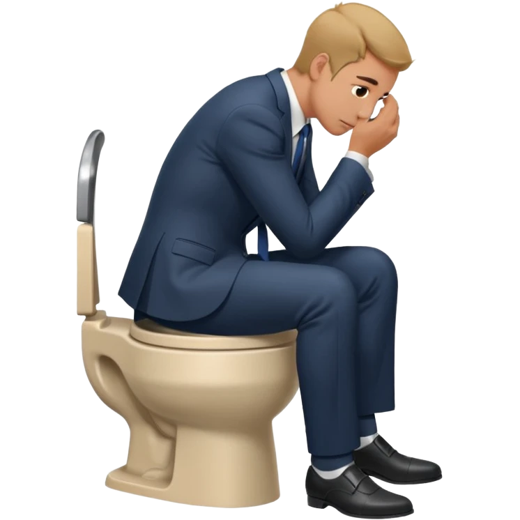 Man siting in a toilet bowl head down hands on the knee the side side view and dress emoji