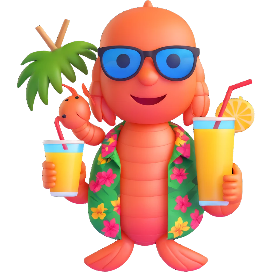 shrimp on vacation wearing sunglasses and a hawaiian shirt, holding a tropical drink, relaxing on a beach, memoji style emoji