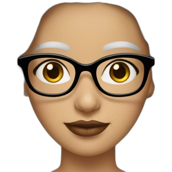Una mujer de 36 años, piel clara, lentes de color blancos, cabello negro ondulado largo, ojos negros, color de labios rosado emoji