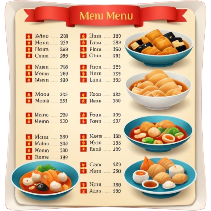 Paper menu with Chinese dishes emoji