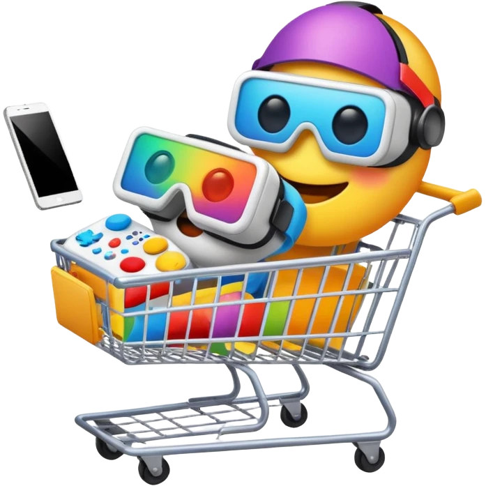 shopping cart with a VR headset, tablet, and game controller inside emoji emoji