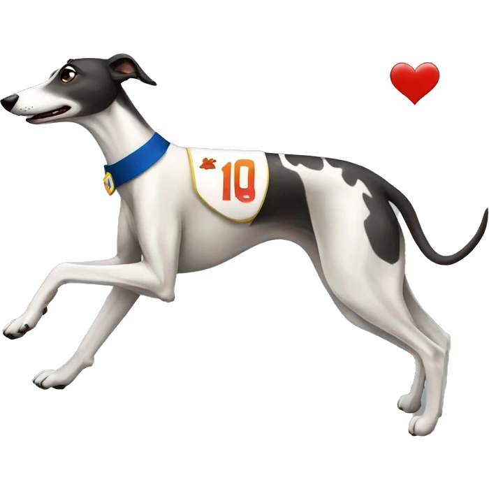 Greyhound running with sash with number "1" emoji