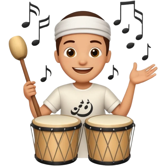 cheerful character with a drum, making noise for sahur, with musical notes and lively expression emoji