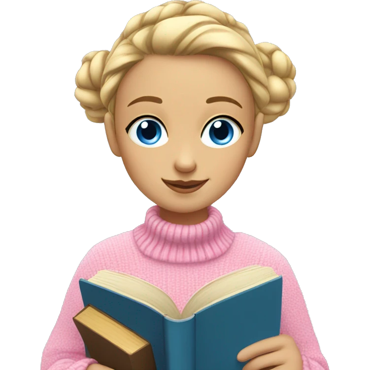 girl in a pink sweater, blonde with a bun and blue eyes, reads a book emoji