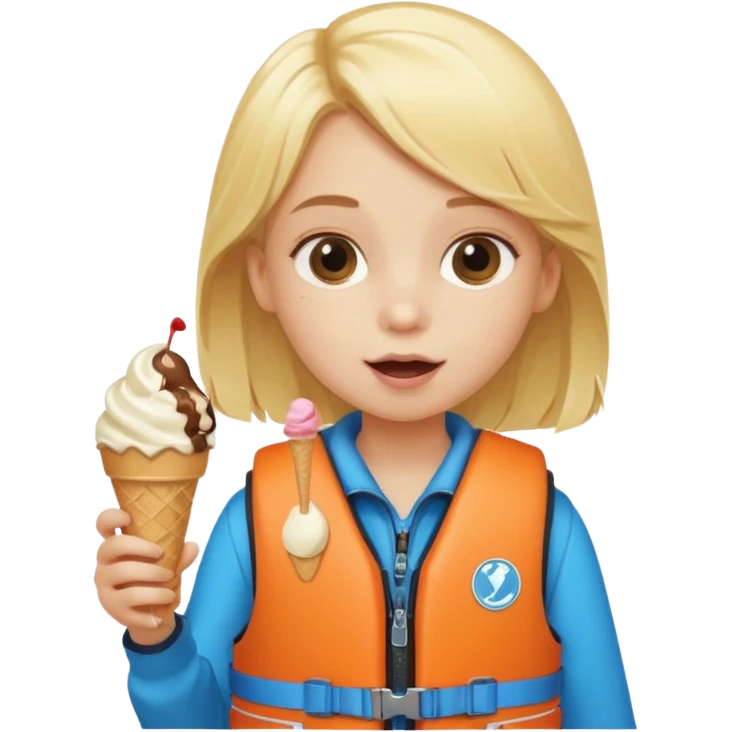 girl blonde kid wearing lifejacket, eating ice cream emoji