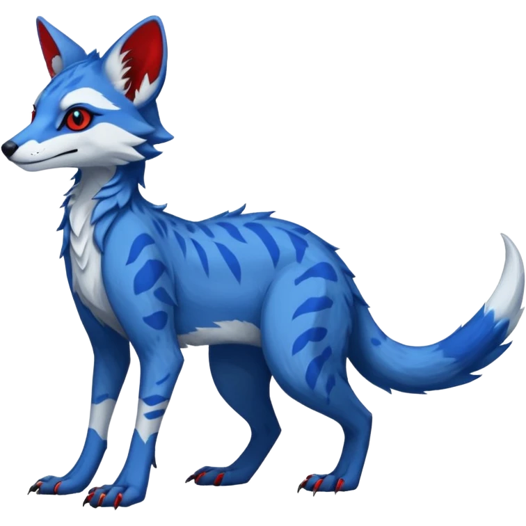 Feral Rare Fantasy sapphire-blue Vernid-Sergal-Genet-species by LiLaiRa, random markings, tufted ears, full body, 4 legs, darker ears, darker legs, red markings, white belly emoji