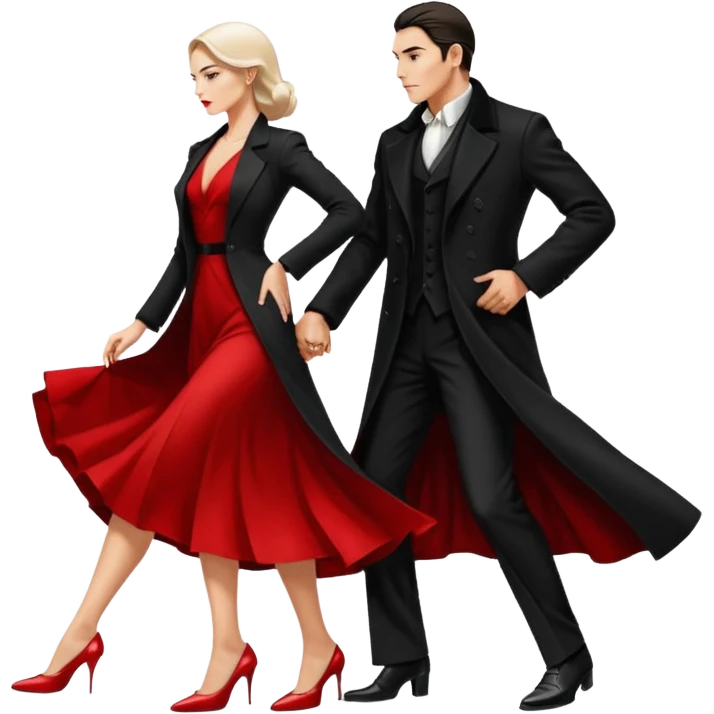 Ultra detailed realistic tango couple icon, black background, dramatic lighting, long black coat on man, white shirt and white shoes, red dress and white heels on woman, centered, minimal background, high contrast, 4K resolution, profile picture ready, sharp clean edges emoji