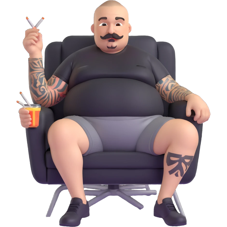 Big man relaxing in chair, legs spread wide, holding cigarette, round face, buzzcut, short beard and mustache, black t-shirt with light stripes at top, exposed belly, black shorts, arms covered in tattoos emoji