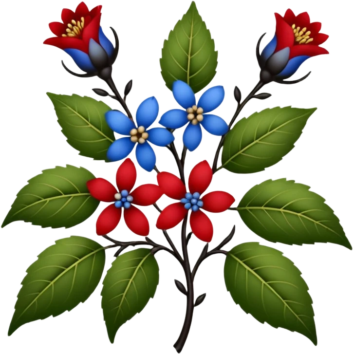 dull green leaves & red & blue flowers filigree design & small fruits& ebony branches, extremely detailed, complex design emoji