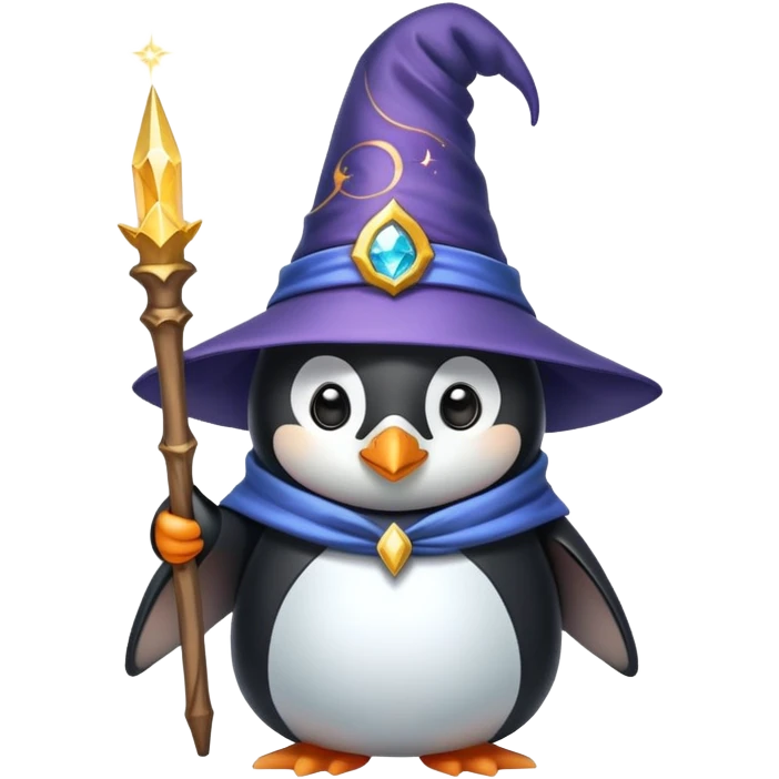 A cute penguin dressed as a wizard with a pointy hat and holding a magic wand emoji