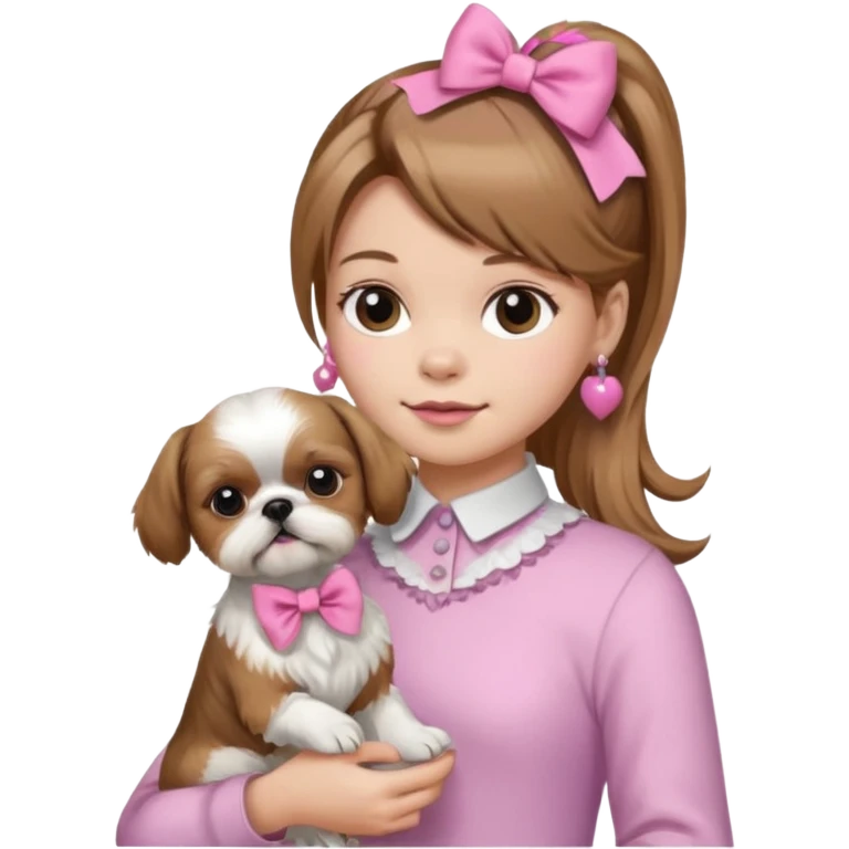 Human girl with light brown hair holding shih tzu with a pink bow with a ponytail on the dog  emoji