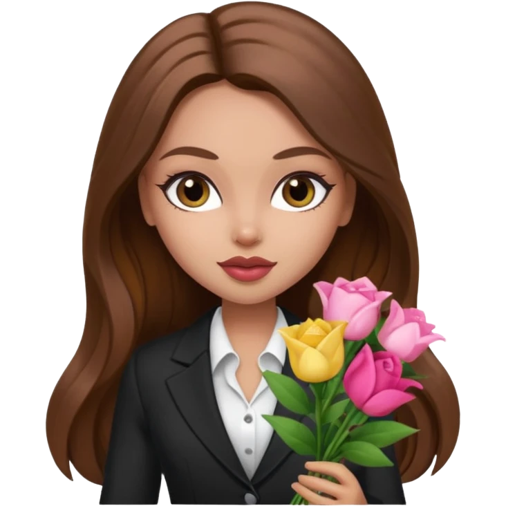 corporate pretty bratz baddie, long brown hair holding flowers emoji