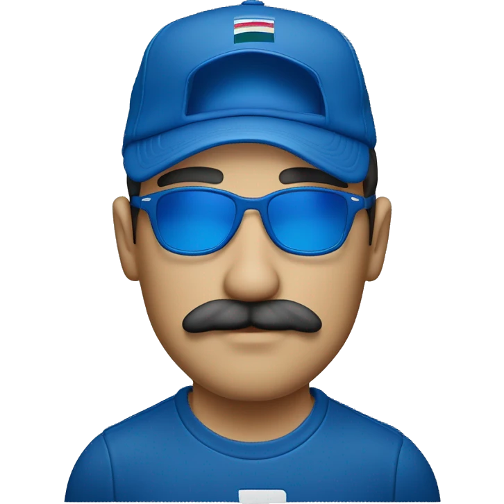 Homme européen yeux bleus avec une moustache portant des lunettes bleues  une casquette jordan bleu un survêtement bleu emoji