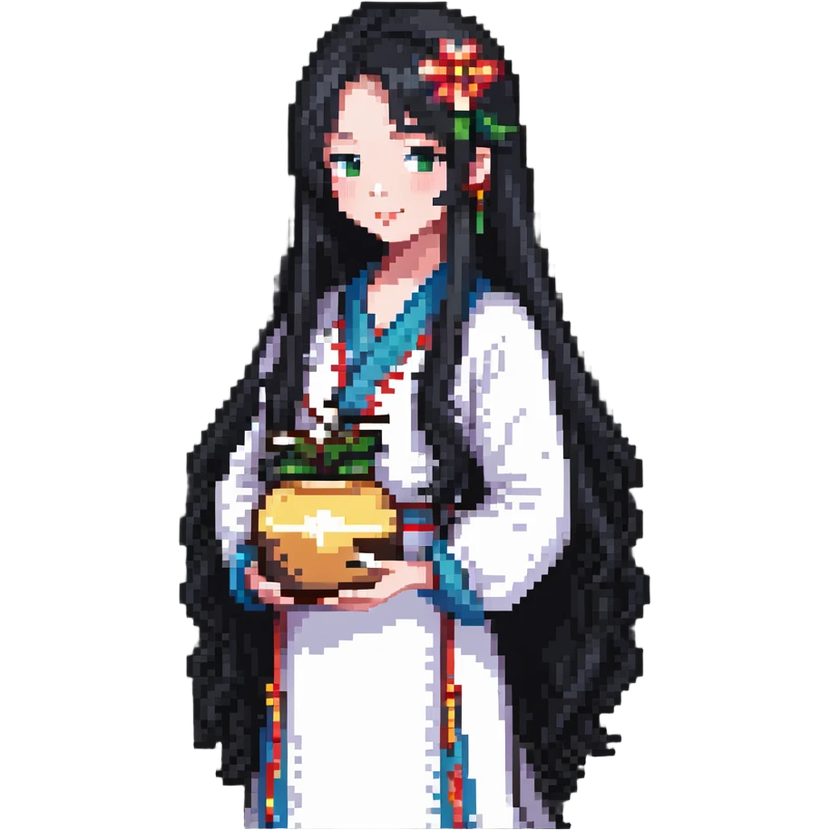 Beautiful girl with long black hair holding a jianghuangsed emoji