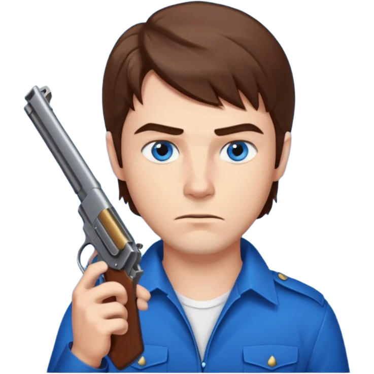 guy w medium long brown hair and blue eyes with gun pointed up at his chin emoji