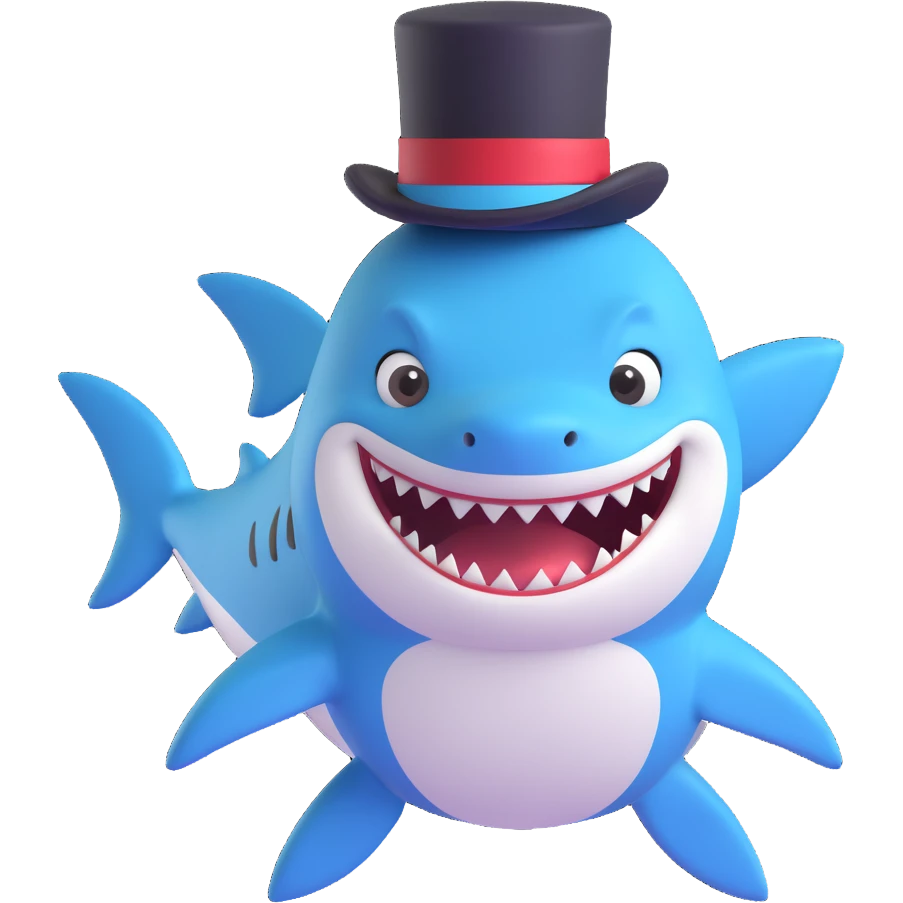 cute shark with a fancy top hat, friendly expression emoji