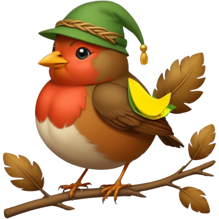a cute and simple cartoon of a fat robin bird that has a green hat like robin hood emoji