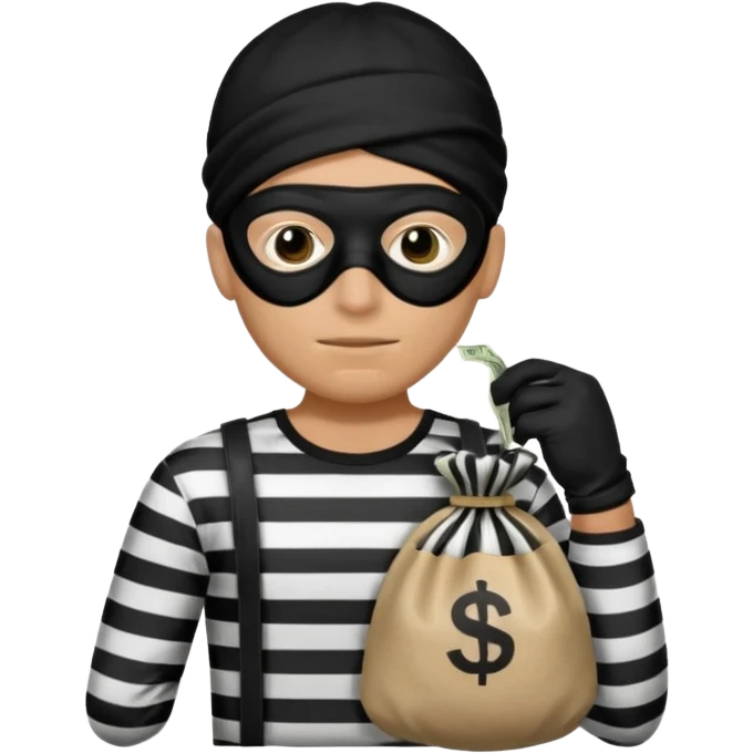Crea un ladrón con un sombrero de delincuente y un saco de dinero, el ladrón tiene una camisa de rayas negras y blancas y el rostro un antifaz color negro. emoji