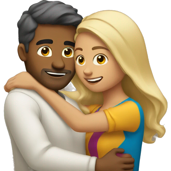Blond man and hispanic woman hug each other emoji