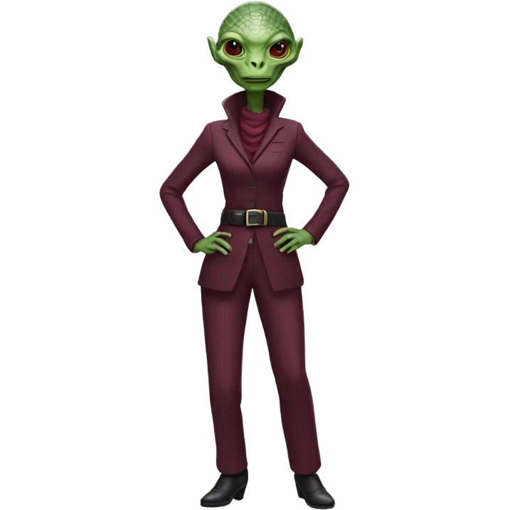 a Reptilian alien woman, full body, inBurgundy buckle dress pants emoji