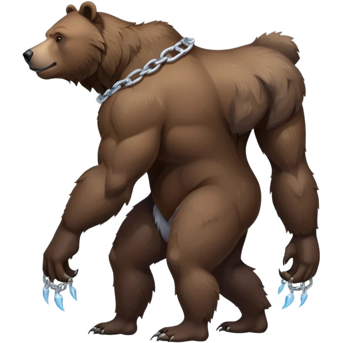 Side profile of a dark grizzly bear showing full body length, on four legs with muscular build, realistic features, ice chain collar emoji