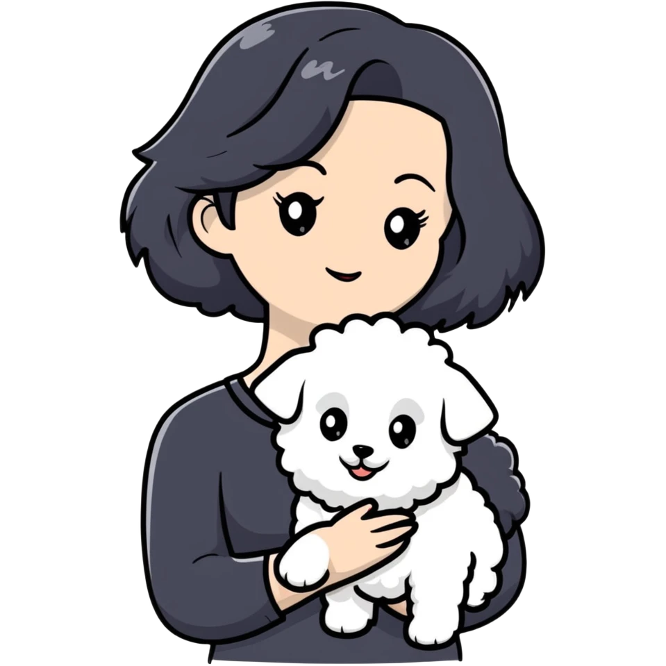 woman with long black hair holding white fluffy Bichon Frise dog emoji
