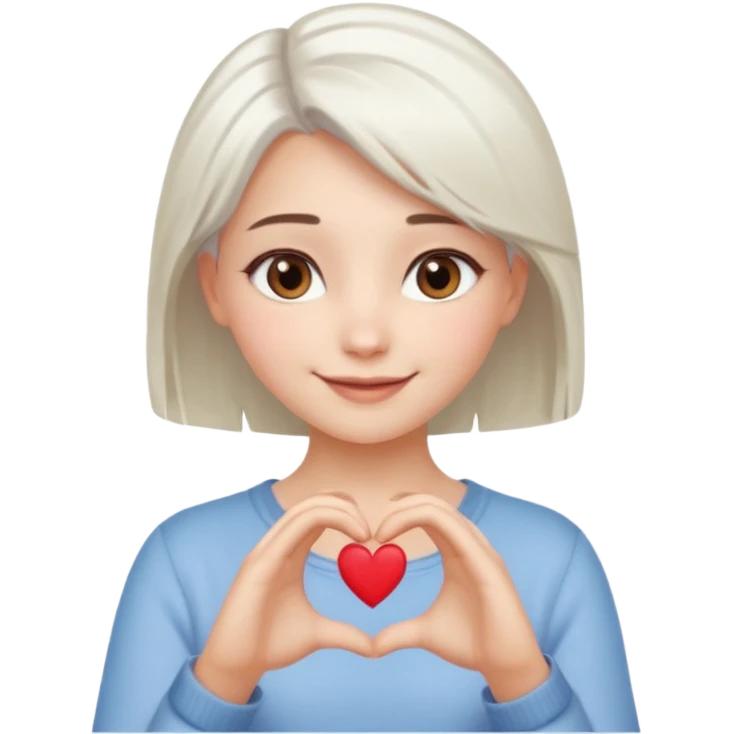 Beautiful girl. Platinum-colored hair just below the shoulders, straight, brown eyes, sweet smile. Hands in the shape of a heart. emoji