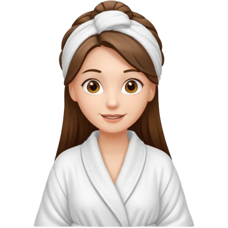 happy white long brunette hair girl with hazel eyes in a bathrobe and her hair tied up in a towel emoji
