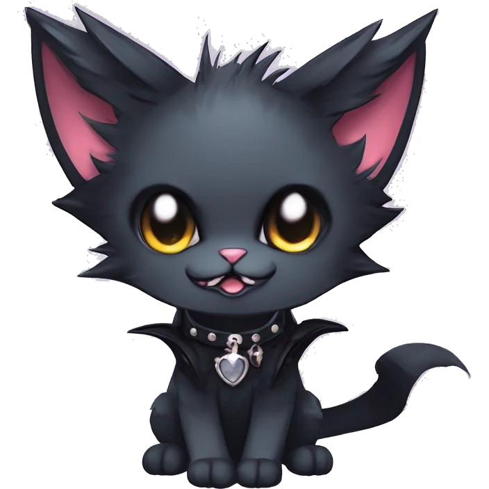   cool edgy kawaii anime-style ethereal dark-punk-themed animal vampiric cat-hybrid Fakemon with fangs and bat-wing-ears with a collar full body emoji