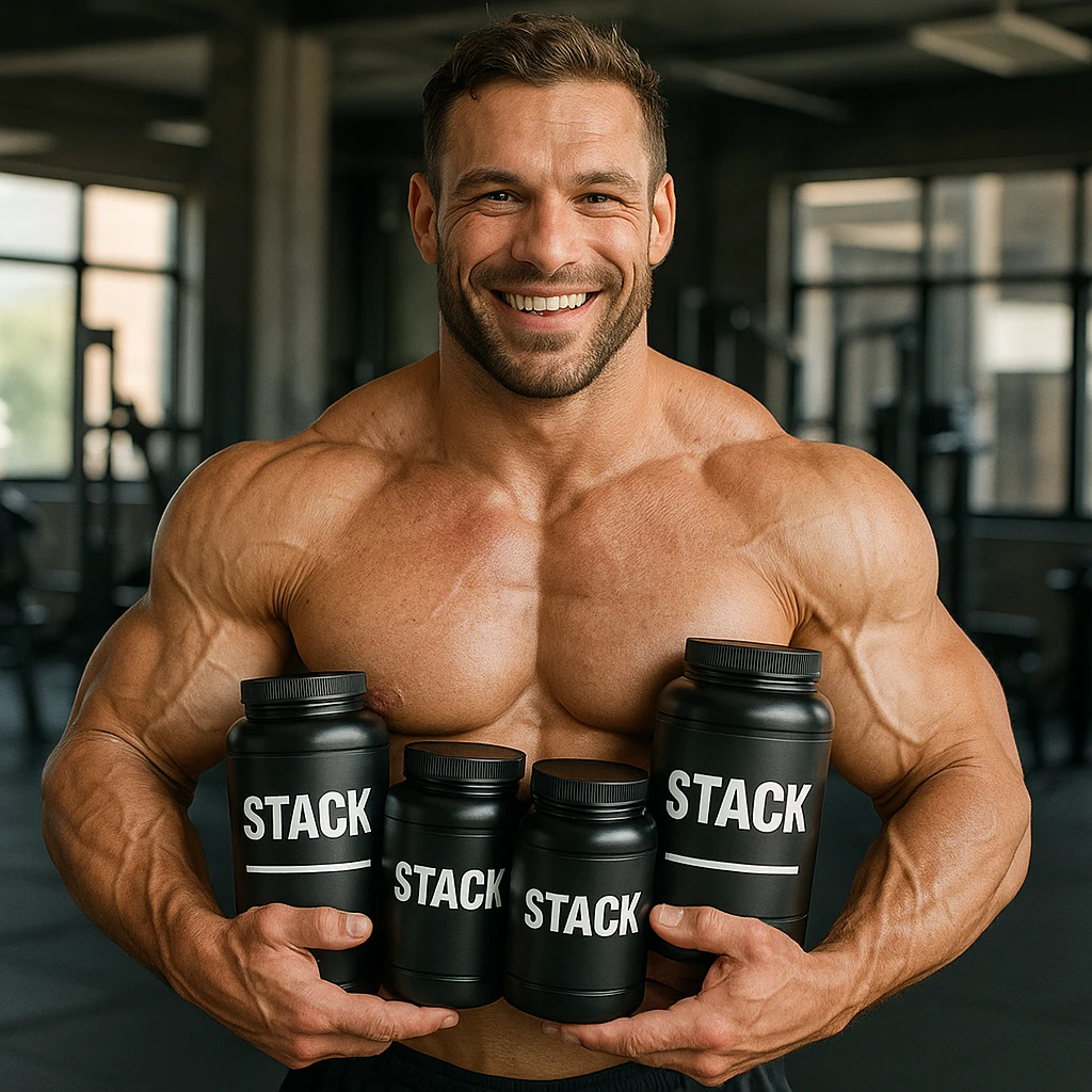 hyper realistic smiling bodybuilder holding several jars of supplements labeled 'stack', sculpted physique, natural light, realistic details, gym environment emoji