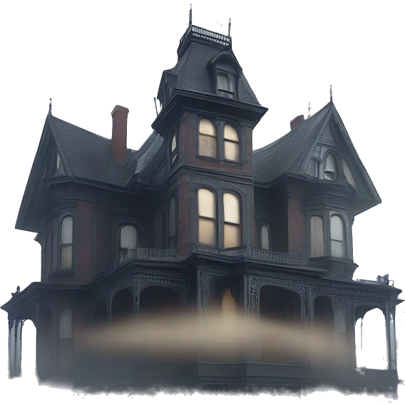 Fantastic Wide full view, A very roomy ramshackle Victorian Addams’s mansion looms through light fog at noon  emoji