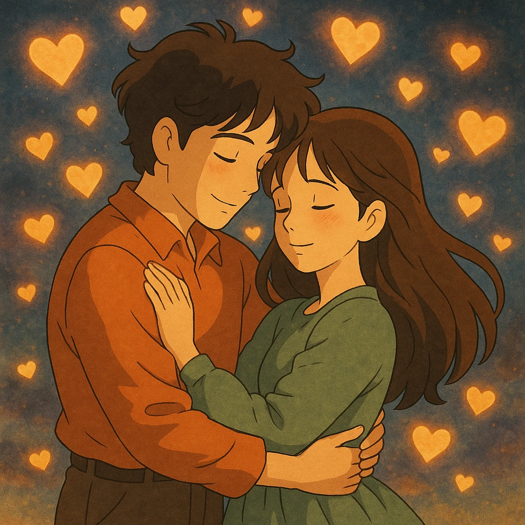 romantic couple hug surrounded by glowing hearts dreamy mood in ghibli style emoji