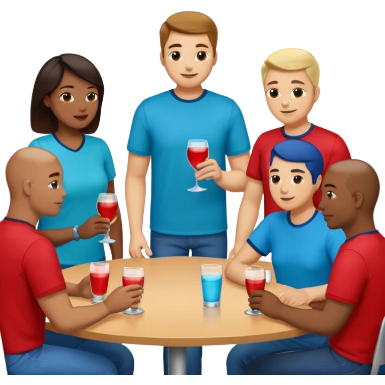 Ten adults in casual clothing with red, aqua and blue shirts, some with drinks chatting at an afterwork meeting emoji
