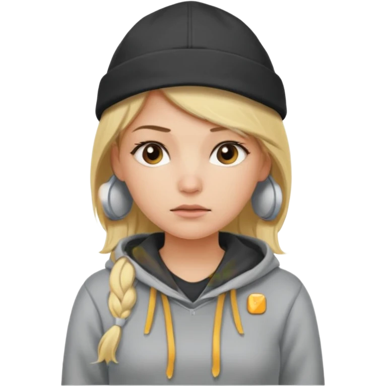 Blonde female tech developer manager going back to work after christmas holidays, looking tired and wearing a hoodie and cap emoji