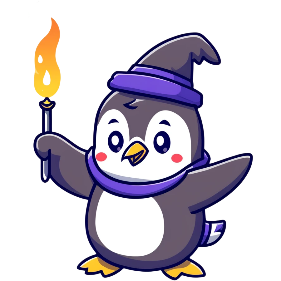 cute penguin wizard casting a spell with sparkles emoji