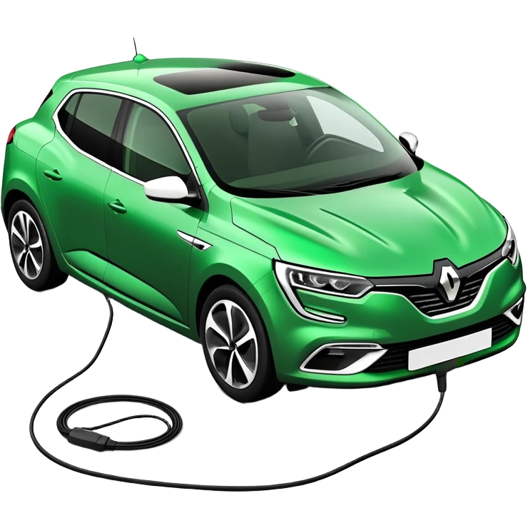 Renault Megane E-Tech electric car with charging cable plugged in, green color emoji
