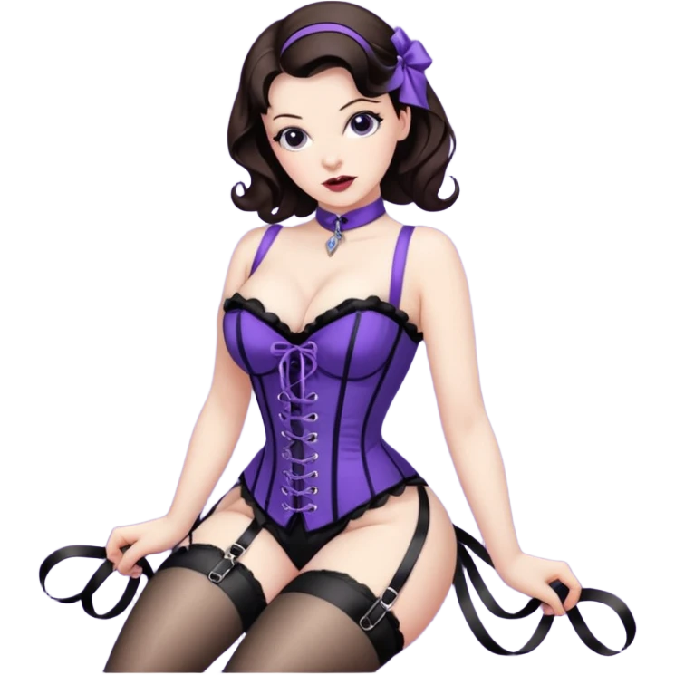 brunette pinup girl in violet gorset hanging in hogtied bondage with stocking emoji