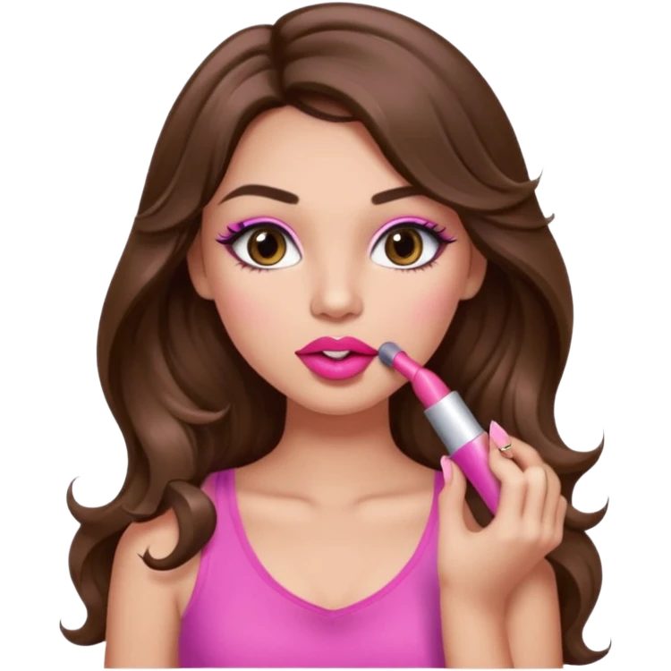 girl with long wavy brown hair, brown eyes, light to medium complexion, in a pink sexy top, pink lips, long lashes, puckered lips, putting on lipstick emoji