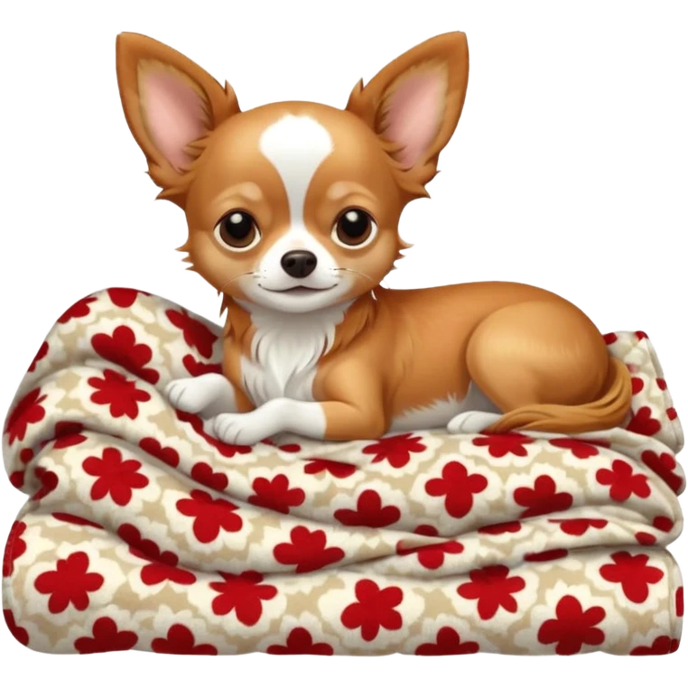Long haired chihuahua, beige/redhaired with white chest and white socks, head without white, sleeping cutely under blanket emoji