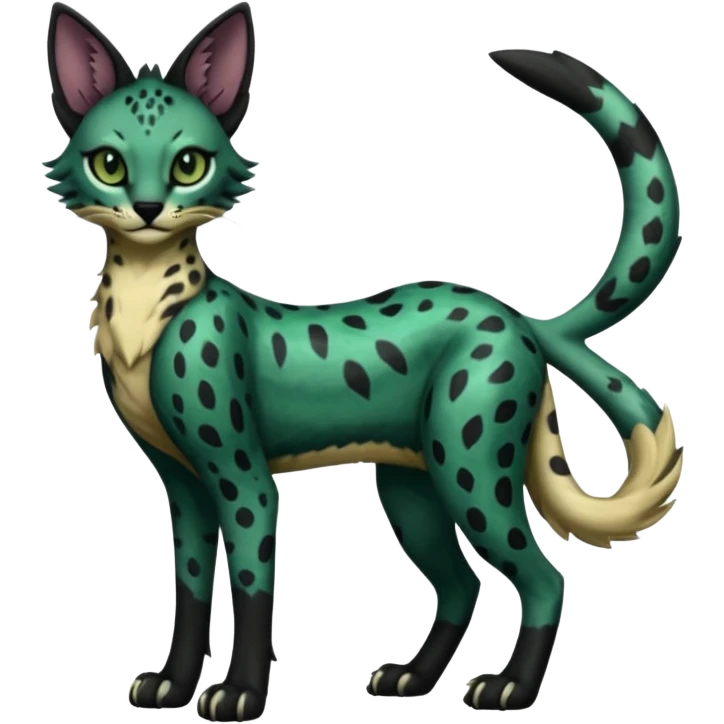 Epic complex detailed dark dusky gloomy deep gothic dark-deep-green, black, realistic Fakémon-Sprigatito-Floragato-Meowscarada-Trico-Sergal-Serval-Vernid-creature (full body) emoji