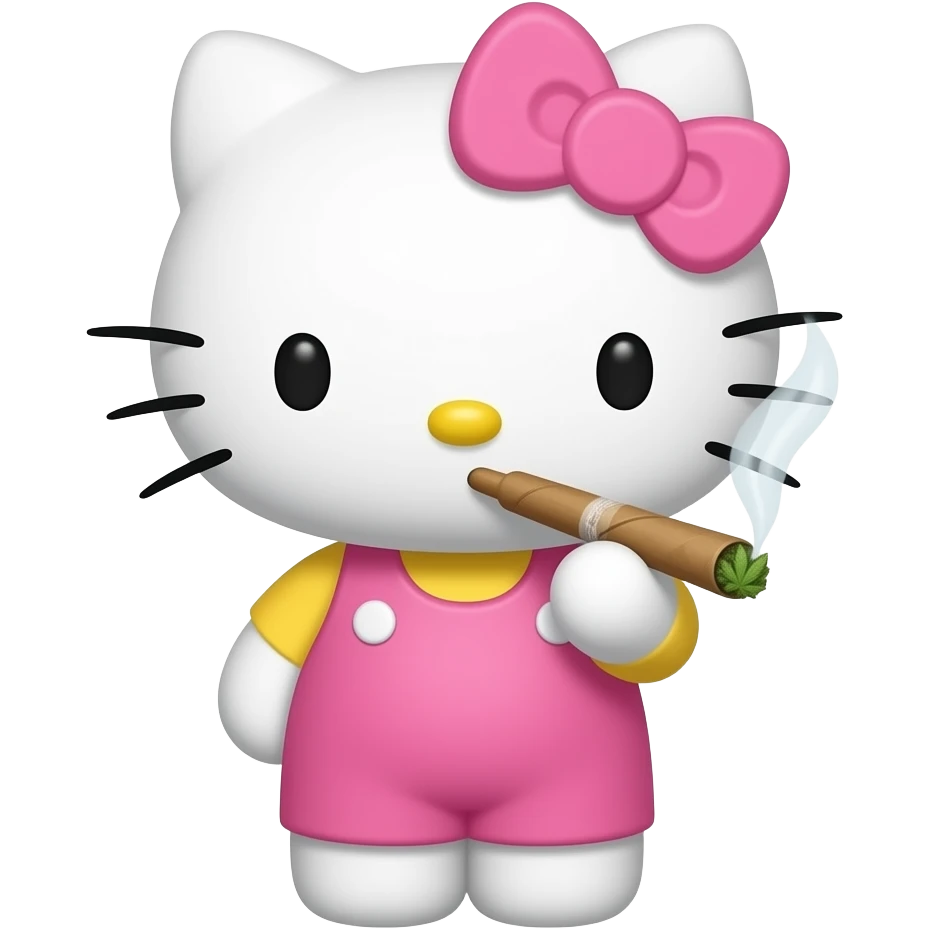 Hello kitty with light pink bow smoking a rolled marijuana blunt emoji