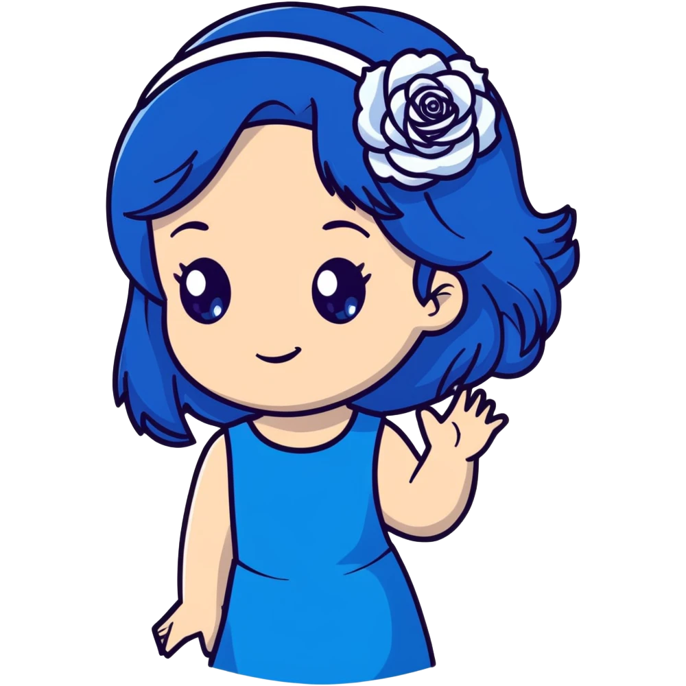 anime style girl with long dark blue hair, blue rose hair accessory, bright blue eyes, black dress, friendly smile emoji