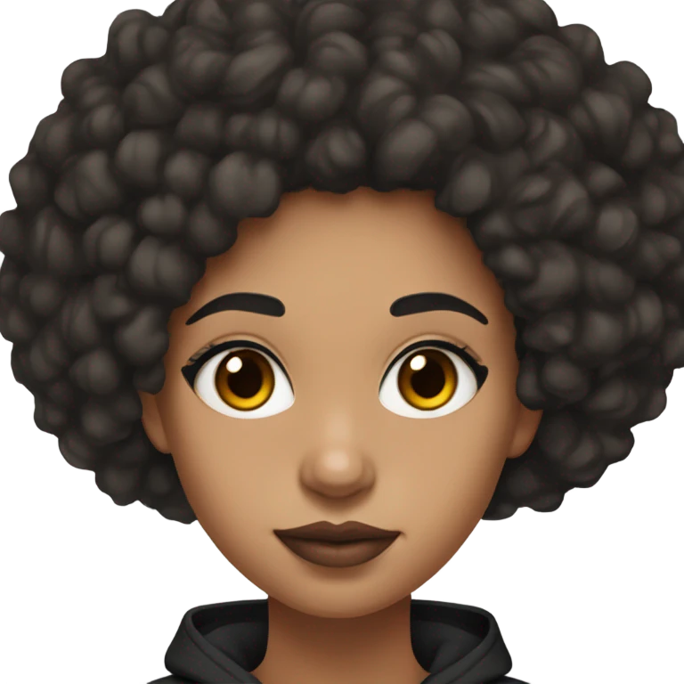 mixed girl with black curly hair and dark brown eyes and has lips with brown lip liner combo and wearing a Nike hoodie black  emoji