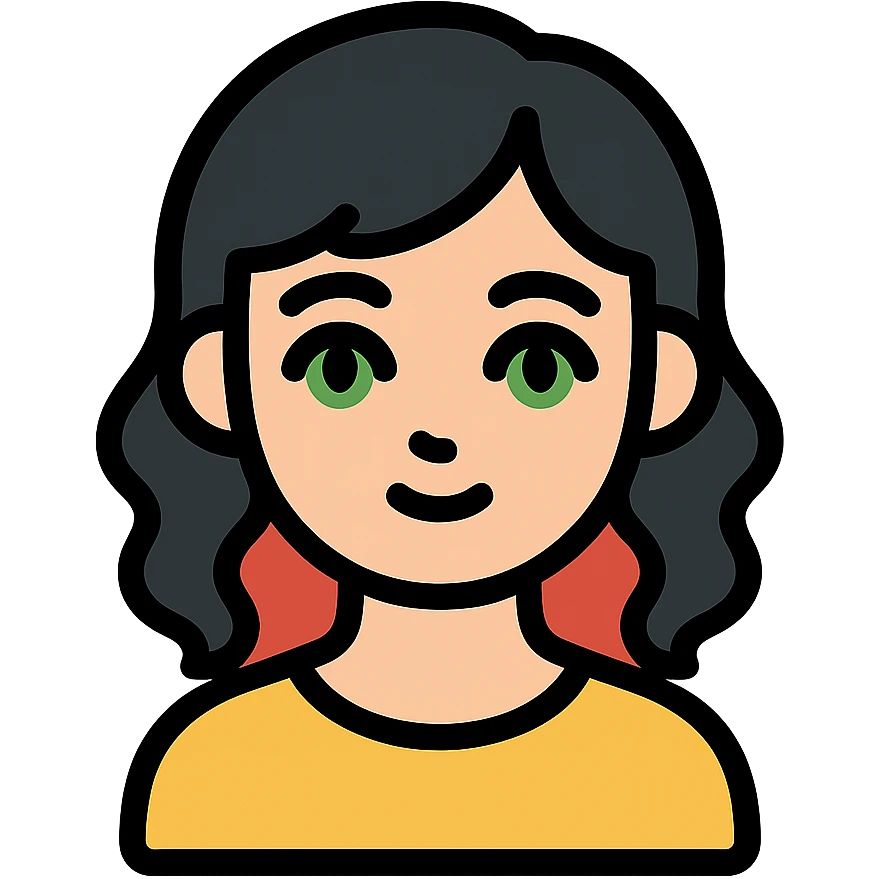 girl with green eyes, white skin, wavy black hair, red hair at the back of her neck emoji